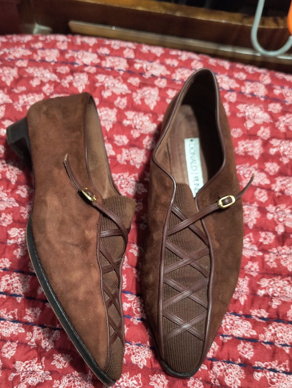 Donald J. Pliner Brown Suede Slip-On Loafers with Gold Buckle